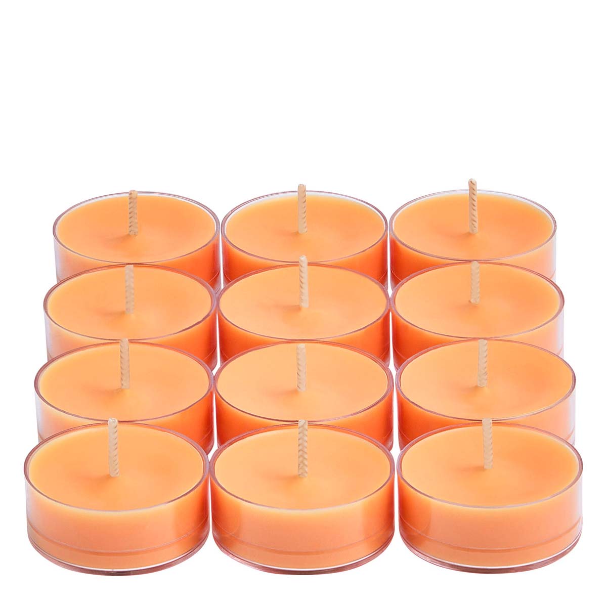 Twelve Wild Rhubarb & Citrus Tealights against a white background.